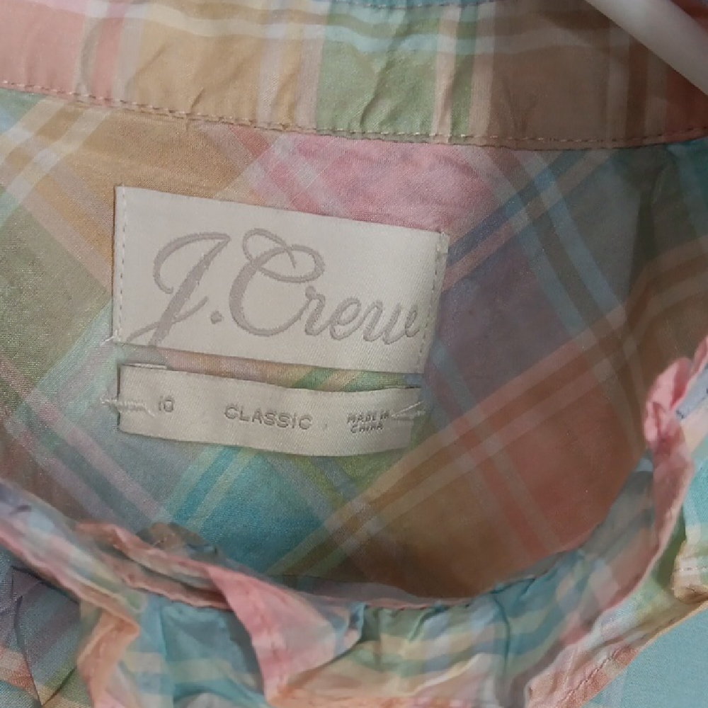 J.Crew Classic-Fit Cotton-Silk Voile Ruffleneck Shirt in Pastel Plaid.  - Picture 2 of 9
